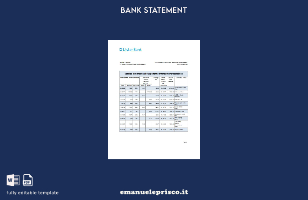 Modello Excel di estratto conto bancario Irlanda Ulster in stile verificato